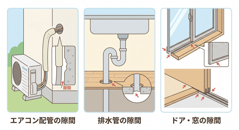 ゴキブリの侵入経路となるエアコン配管・排水管・ドアや窓の隙間を示したイメージ画像