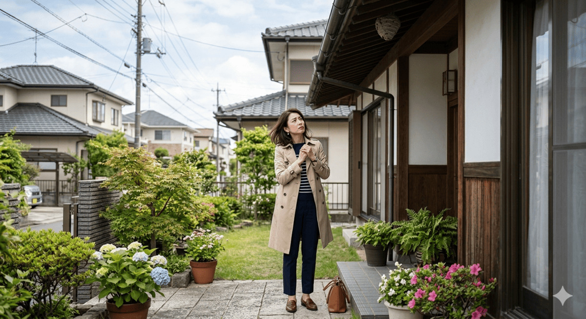 蜂の巣を発見して困惑している女性