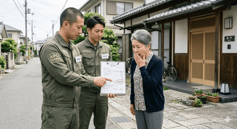 蜂駆除の高額見積書に驚く女性