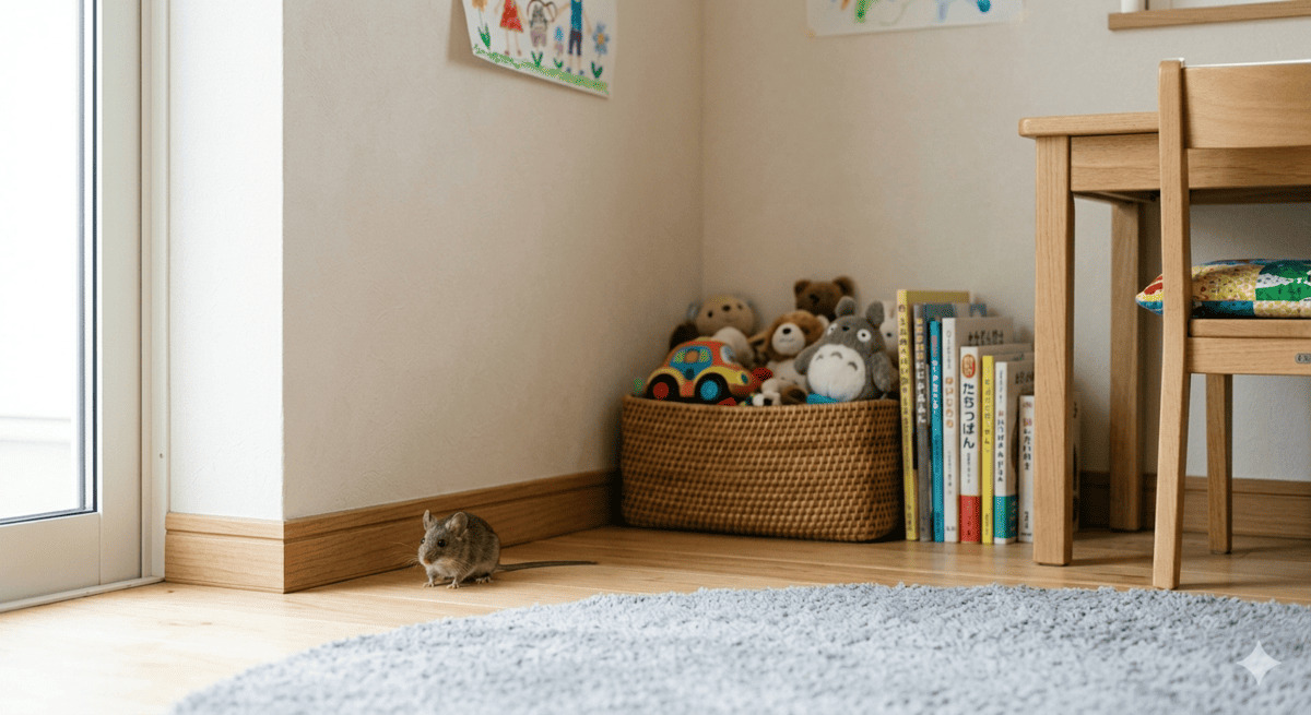 子供部屋の隅に現れた1匹のネズミのイメージ画像