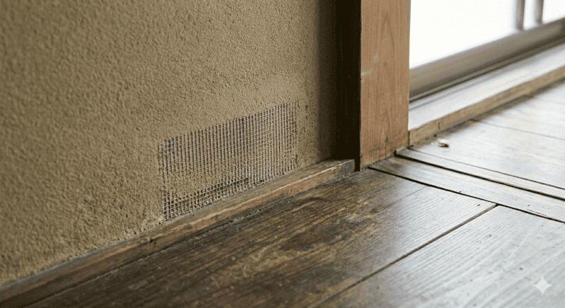 住宅の壁の隙間を金網とパテで塞いだ仕上がりの状態