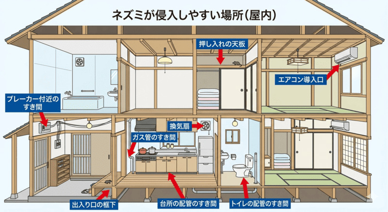 ネズミが侵入しやすい場所（屋内）の図解