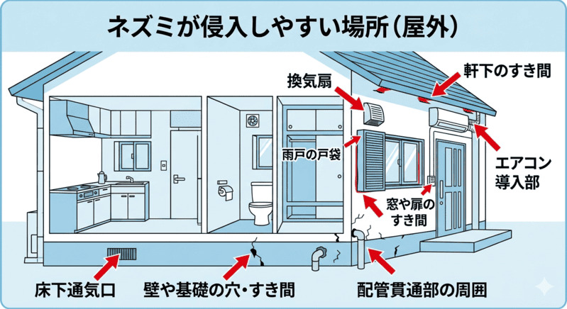 ネズミが侵入しやすい場所（屋外）の図解