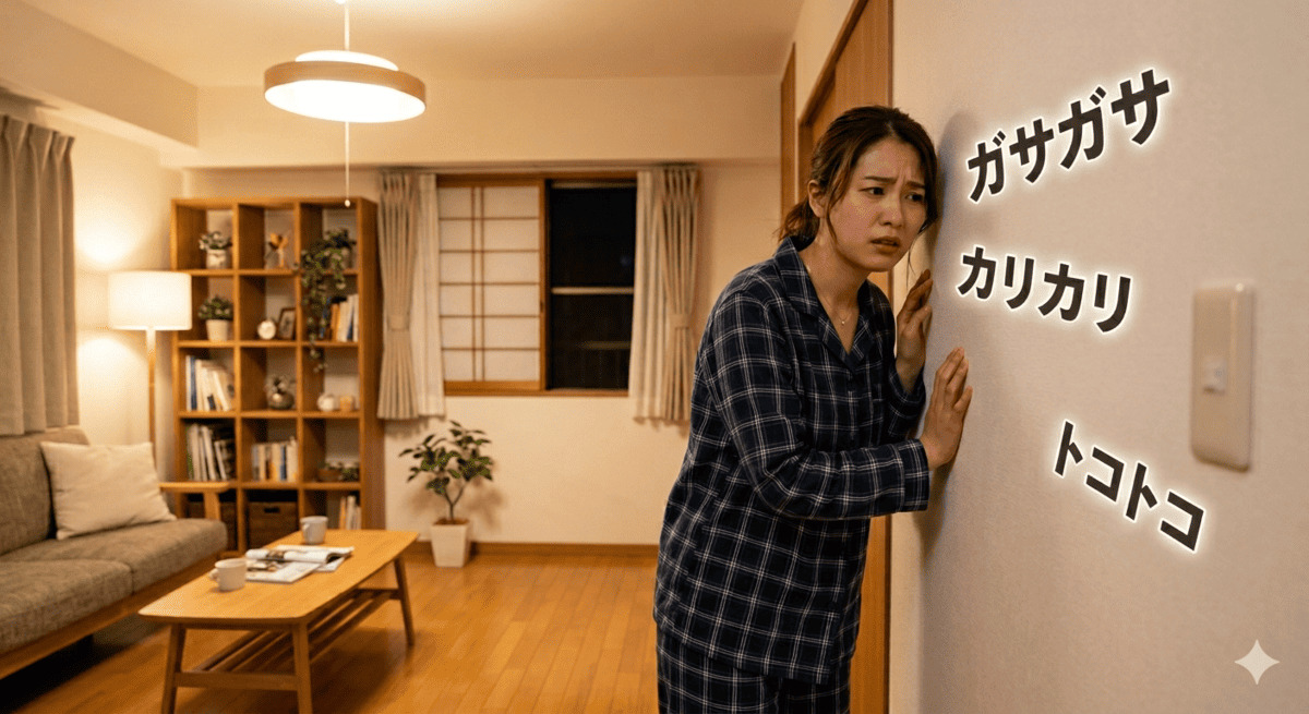 夜中に壁からネズミの鳴き声が聞こえて不安そうにしている女性