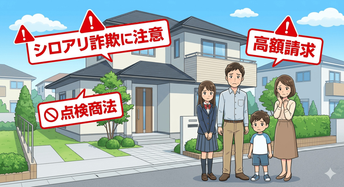 シロアリ詐欺や悪徳業者に困惑する日本人家族のイラスト