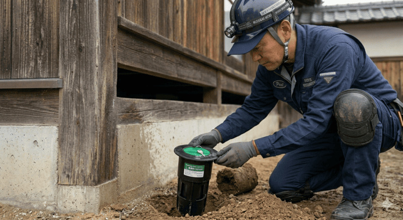 一軒家の基礎周辺にベイト剤容器を設置するベイト工法の施工イメージ