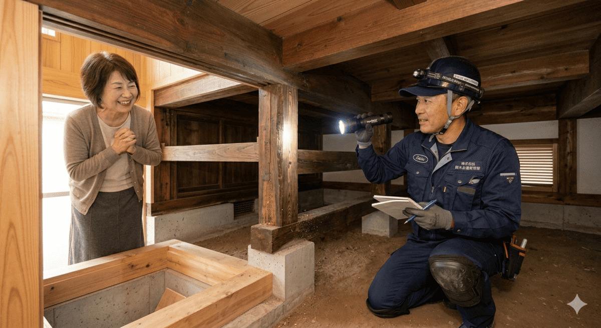 40坪の一軒家でシロアリ予防工事を行う業者と住宅オーナーのイメージ