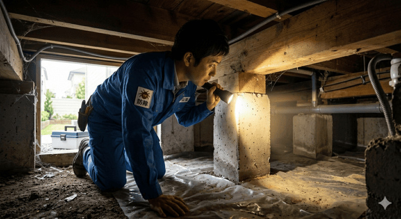 床下を懐中電灯で点検する作業員