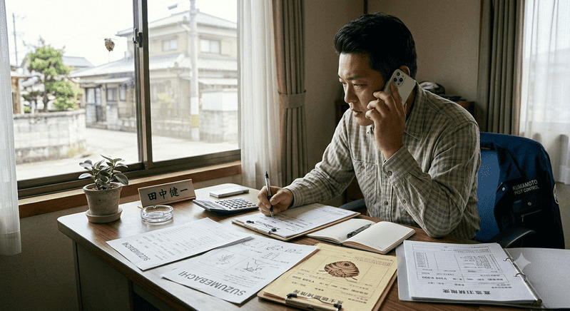 複数の見積書を比較しながら電話で相見積もりを取る男性