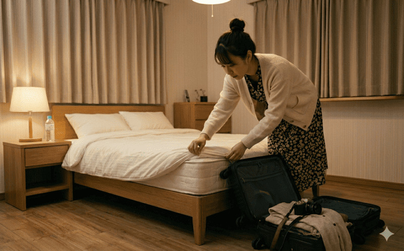 ホテルに到着した女性がマットレスの端を確認している様子