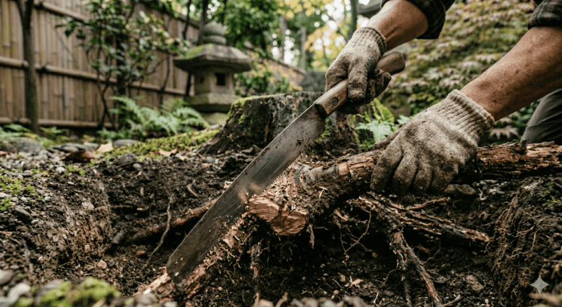 ノコギリで庭の木の根を切断している作業の様子
