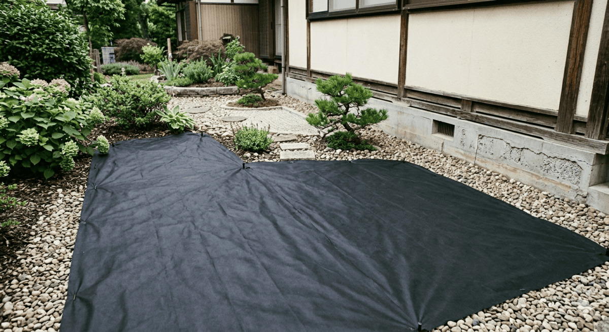 防草シートが敷かれた日本の住宅庭園