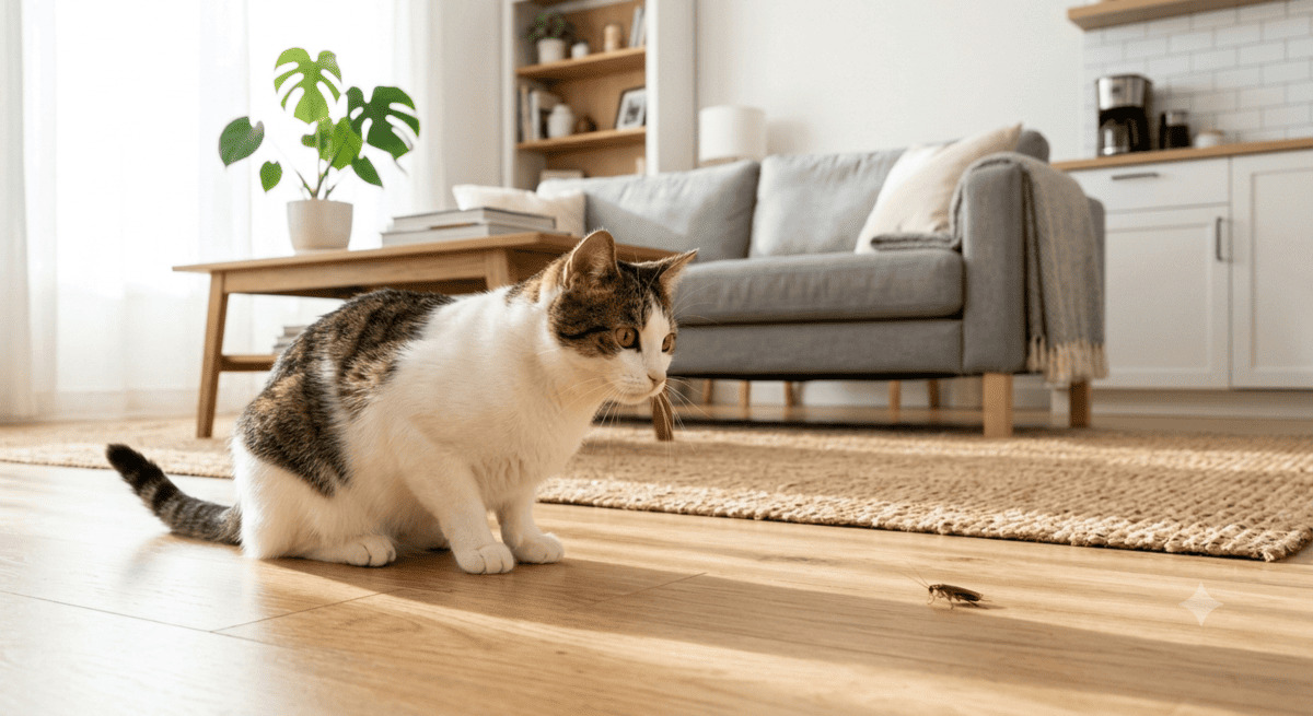 清潔なリビングでゴキブリを警戒している猫の様子