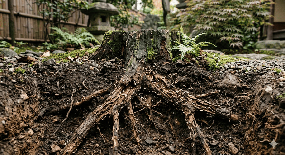 地中に残った切り株の根にシロアリが群がっている様子