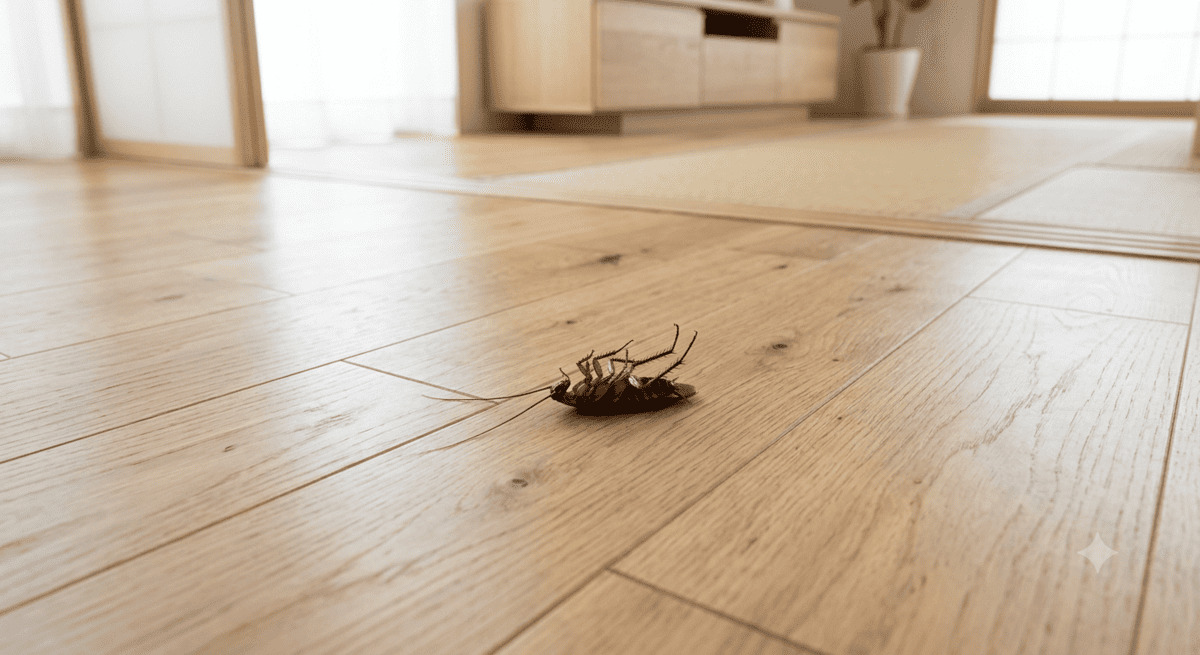 フローリングに仰向けで死んでいるゴキブリ