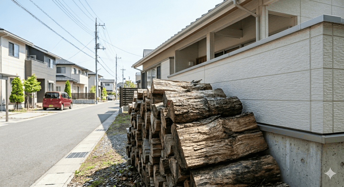 外壁に直接積まれた薪とシロアリ被害のリスクを示すイメージ