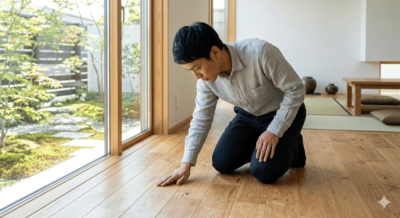 床に膝をつき、フローリングの状態を確認している様子