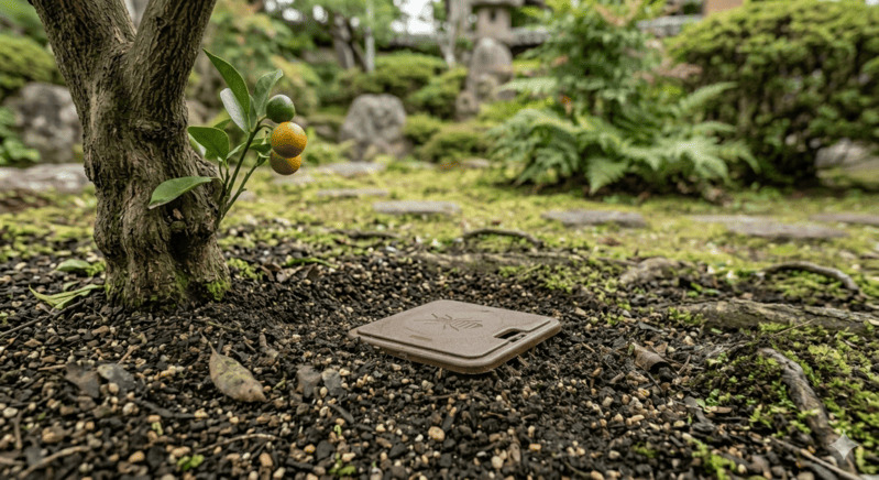 みかんの木の根元から約20cm離れた庭の土に、シロアリ駆除用ベイト剤（シロアリハンター）の容器がほぼ完全に埋め込まれており、上面のみが地面と同じ高さに見えている様子