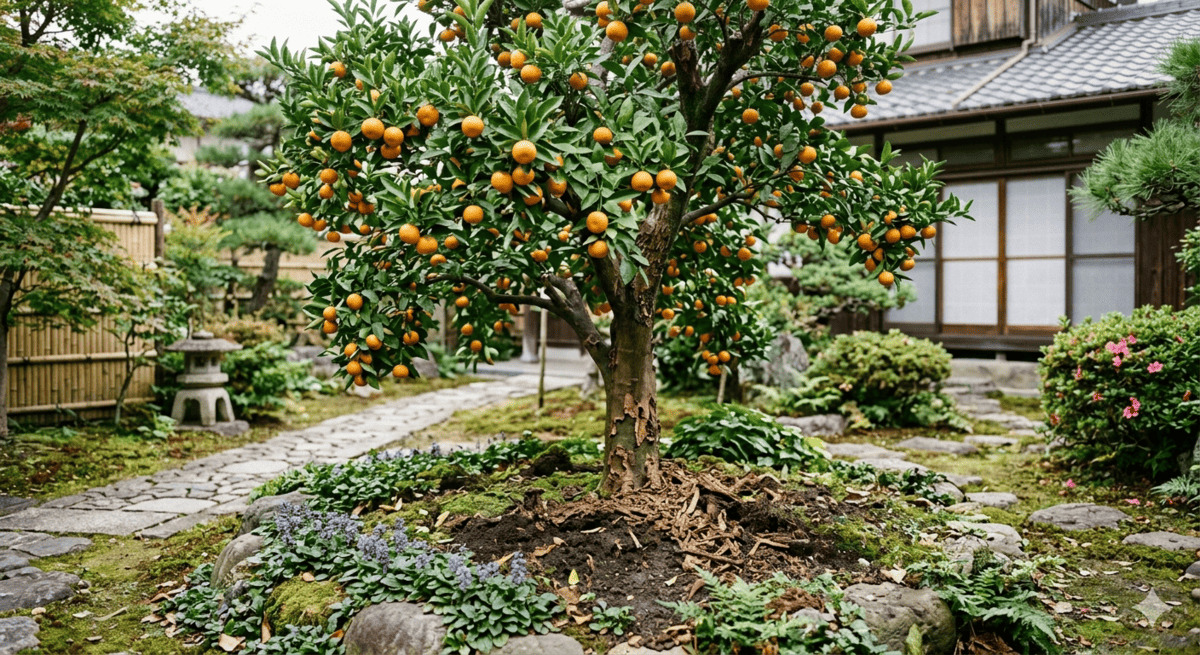 日本の住宅の庭に植えられたみかんの木。オレンジ色の実がたわわになっており、木の根元付近の土が掘り起こされたようになっている。シロアリ被害を示唆する雰囲気の画像。
