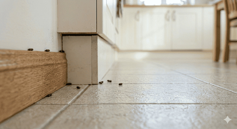 キッチンの幅木沿いに残るネズミのフンの痕跡