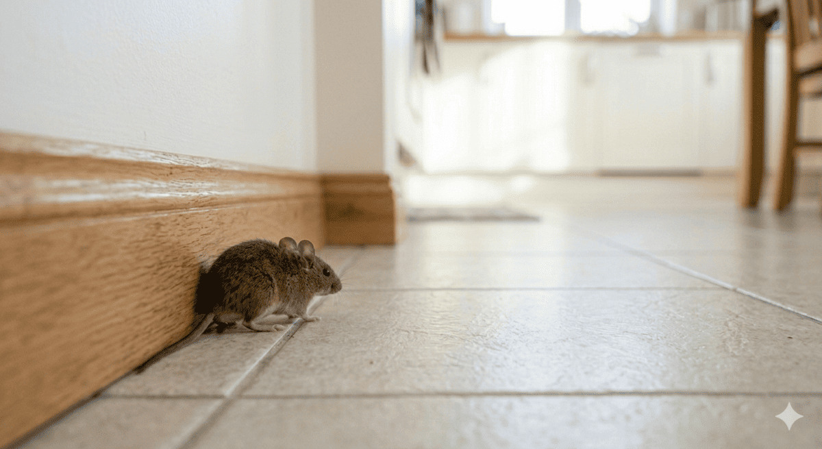 キッチンの壁際を体を密着させて歩くネズミ
