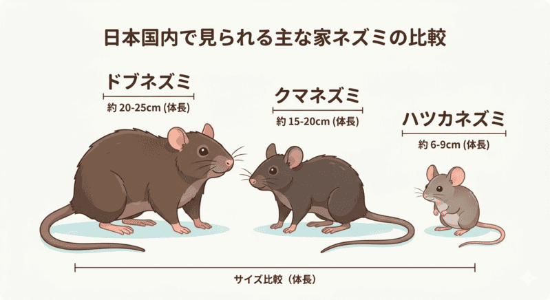 ドブ・クマ・ハツカネズミの体長比較イラスト