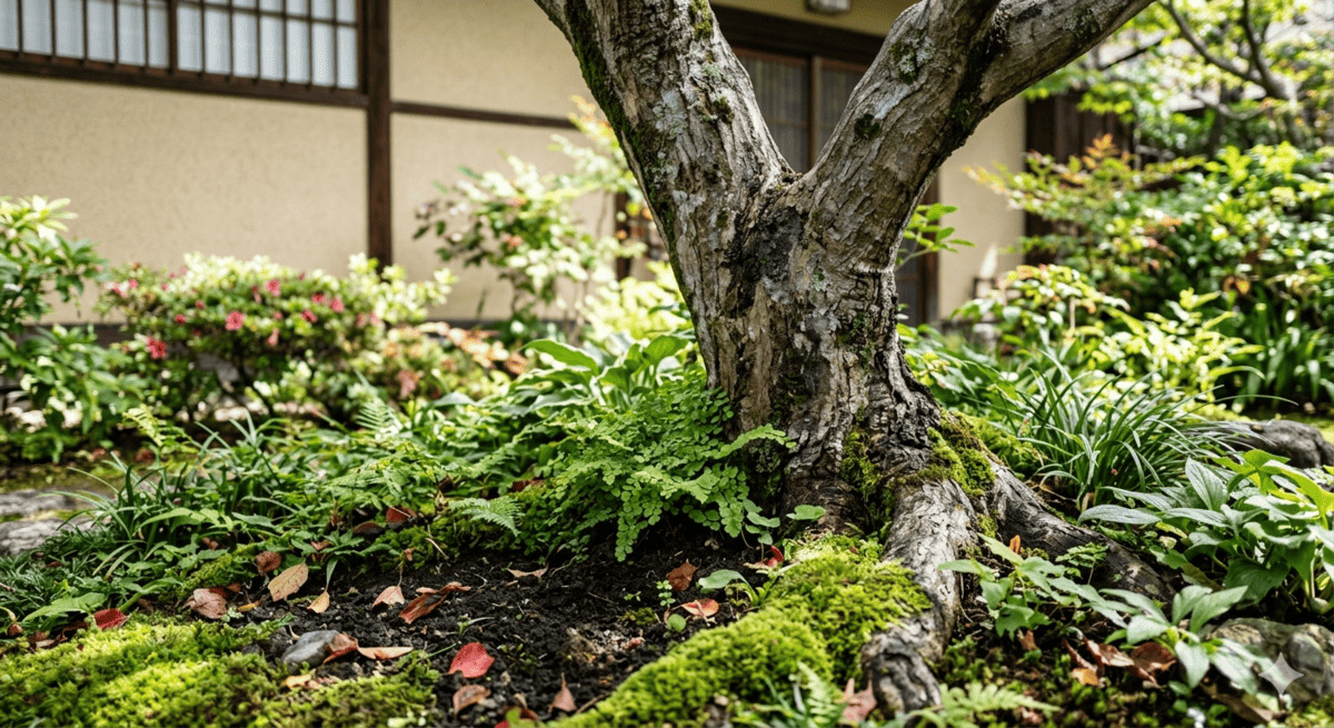日本の住宅の庭に植えられた庭木の根元と周囲の土の様子