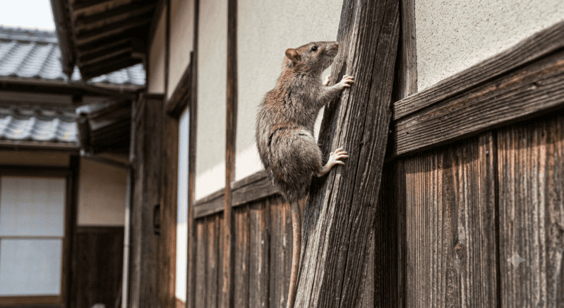 外壁の木材をよじ登るネズミの様子