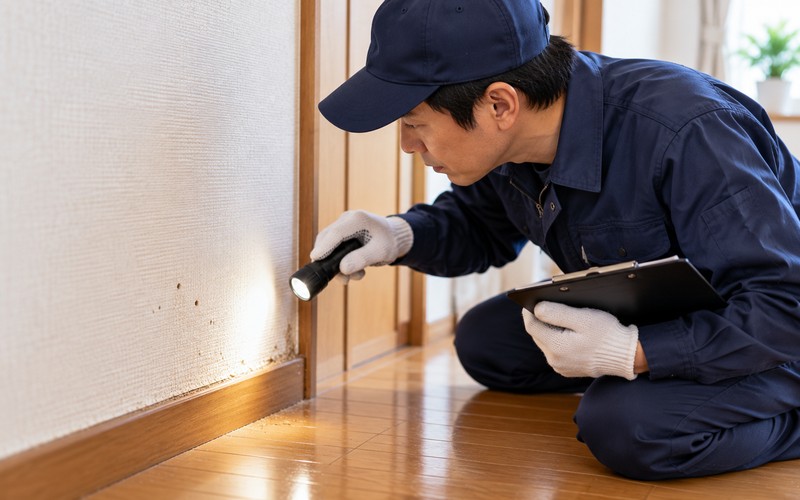 住宅の壁際を調査するシロアリ駆除業者