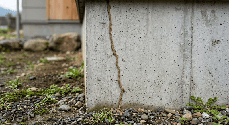 シロアリの蟻道がコンクリート基礎に伸びている写真