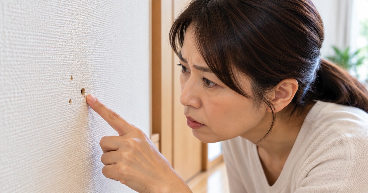 壁の小さな穴を確認する住宅居住者