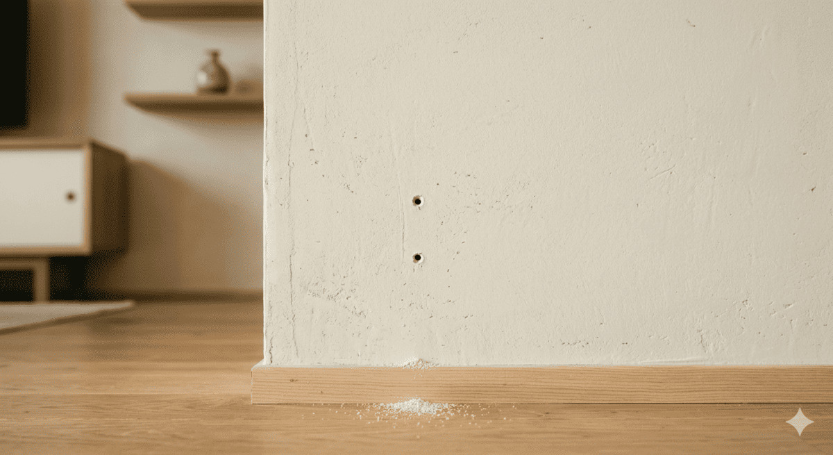 シロアリによる壁の穴と糞の写真