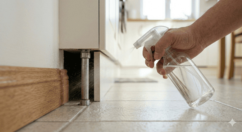 収納扉下の隙間や配管まわりにスプレーを吹きかける様子