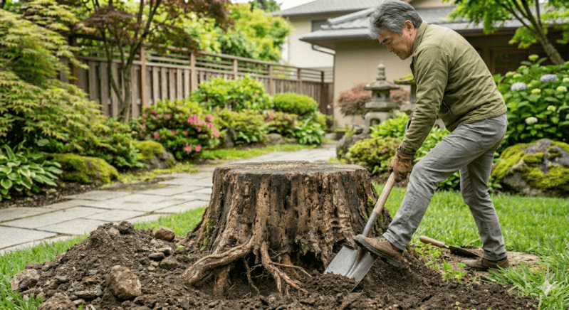 庭の切り株をスコップで掘り起こす作業