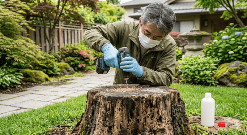 切り株にドリルで穴を開けてシロアリ駆除剤を注入する作業