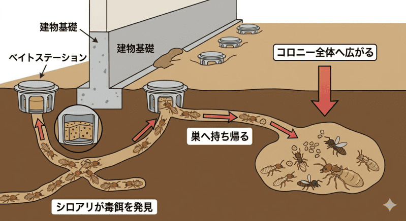 ベイト工法によるシロアリ駆除の仕組みを示した図解。シロアリが毒餌を巣に持ち帰りコロニー全体へ広がる流れを矢印で示している。