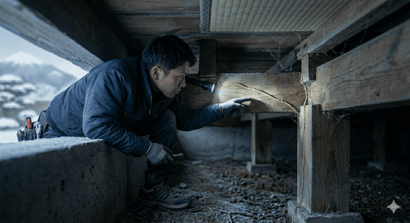 冬の床下で懐中電灯を使い木材を点検する男性