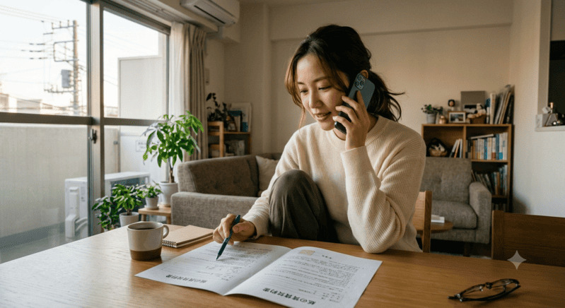 賃貸契約書を見ながら管理会社に電話相談する女性