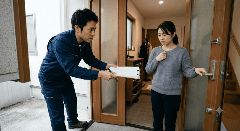 玄関先で契約を迫る業者と、戸惑う表情の女性
