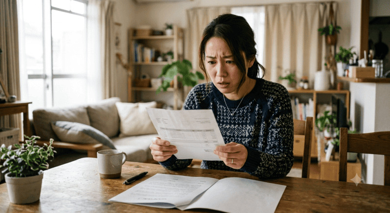 高額な請求書を見て驚き、困惑した表情を浮かべる女性