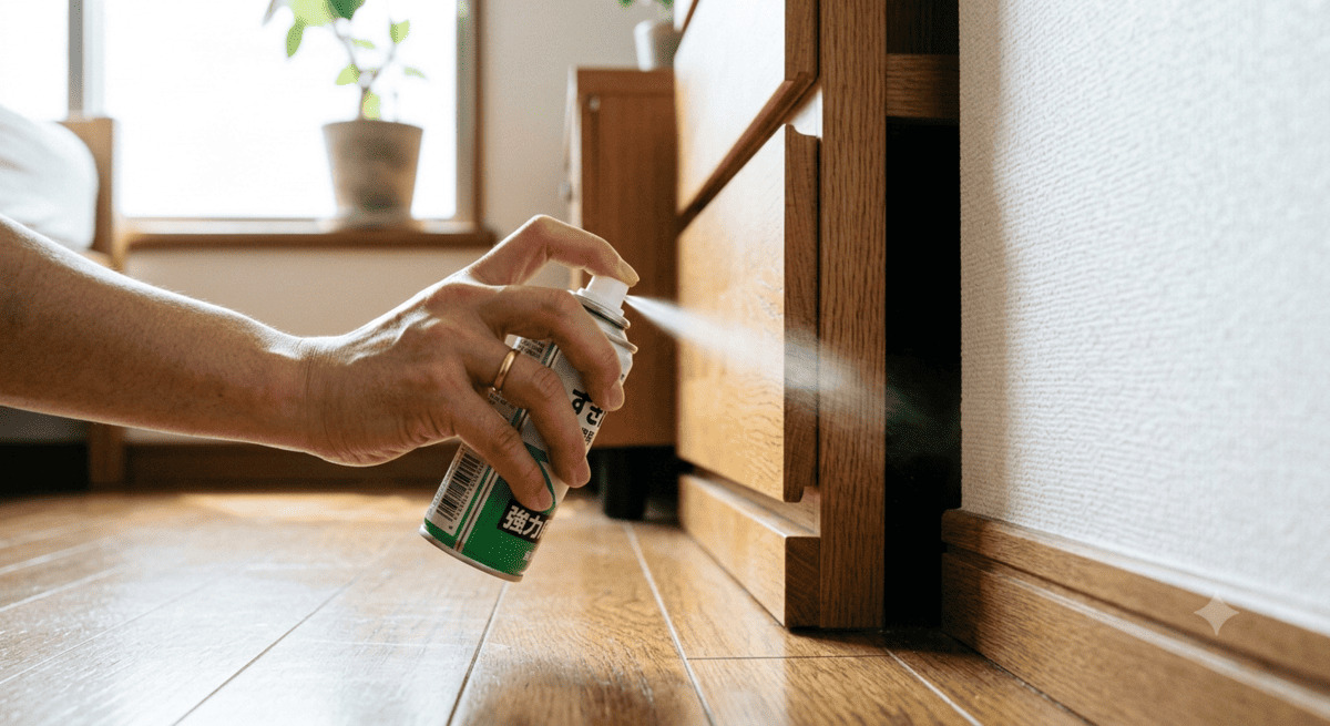 家具の隙間にゴキブリワンプッシュを噴射している様子