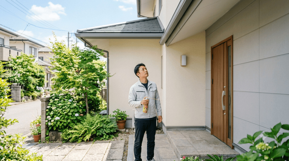 戸建て住宅の軒下を警戒しながら見上げる男性