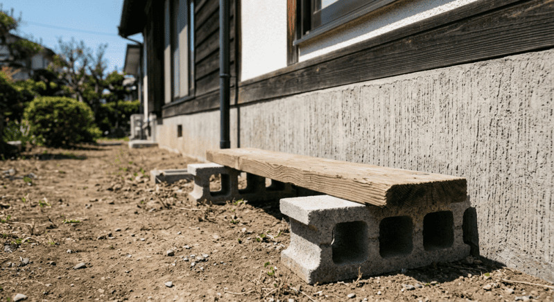 住宅の基礎近くで木材をブロックに乗せて浮かせた様子