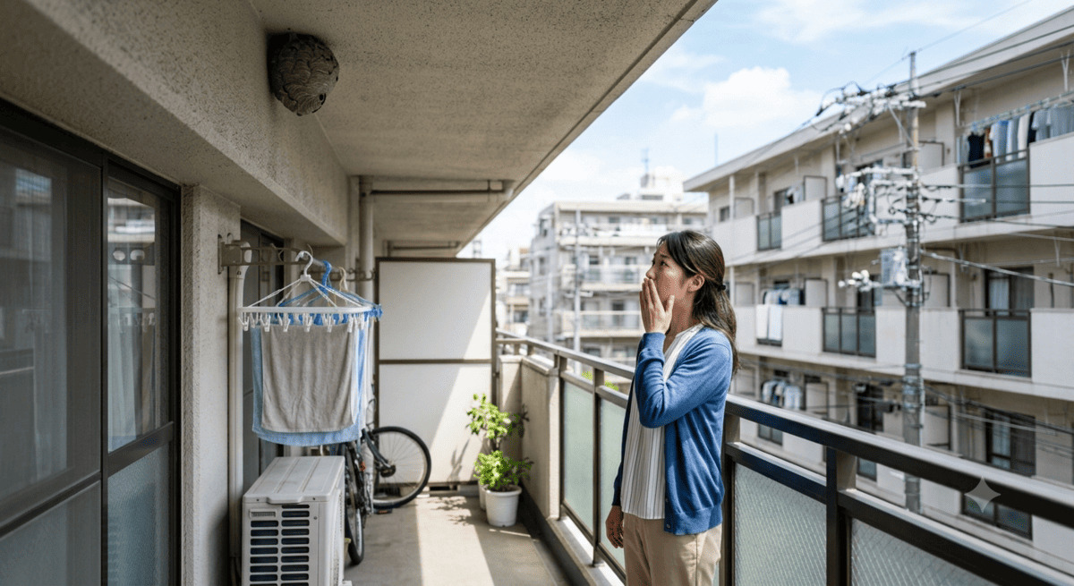 賃貸ベランダの軒下にできたスズメバチの巣を見つけ驚く女性