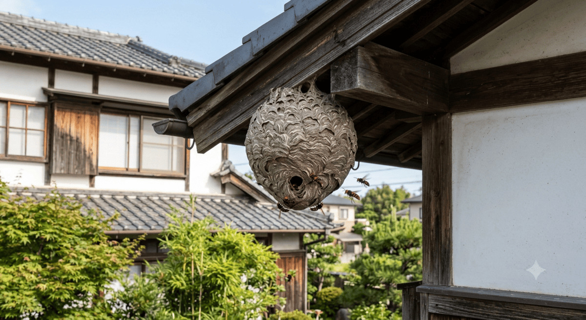 軒下に作られたスズメバチの巣とハチの様子