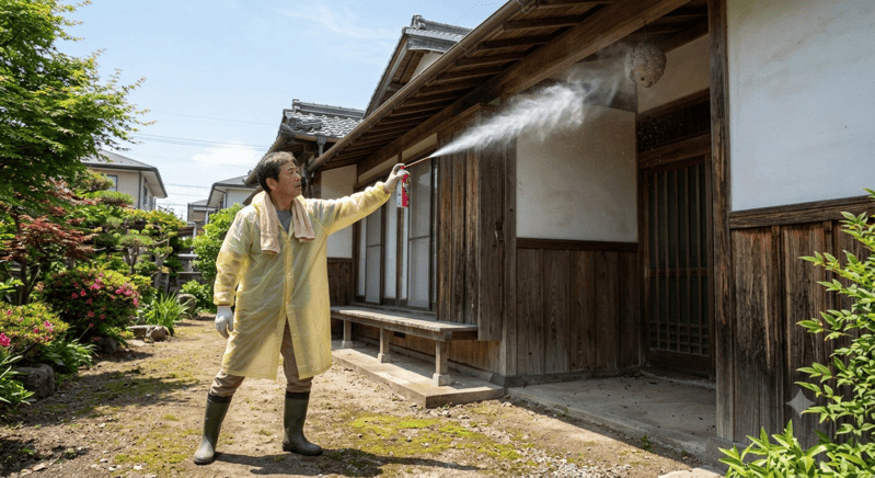 軒下のスズメバチの巣に殺虫剤を噴射する家主