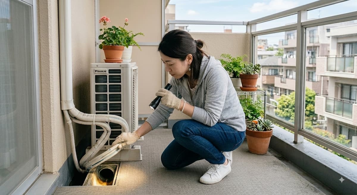 ベランダで排水口の隙間を懐中電灯で点検する女性