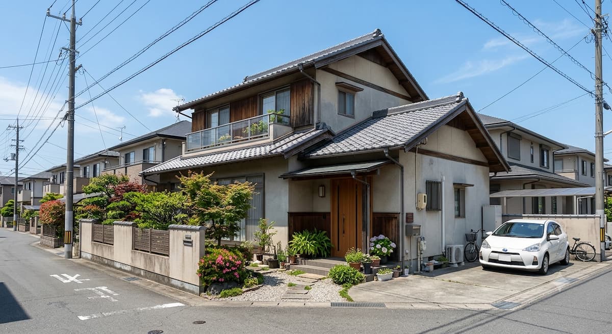 青空の下、木々や植木に囲まれた瓦屋根の一軒家の外観