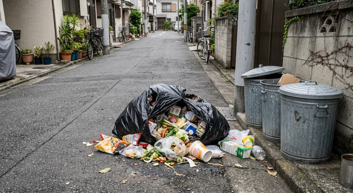 ゴミ置き場に破れた黒いゴミ袋が置かれ、中身の食品パッケージや生ゴミが散乱している様子