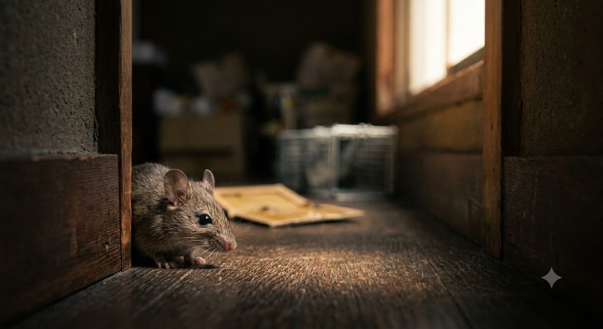 粘着シートとカゴ式罠を警戒するネズミ